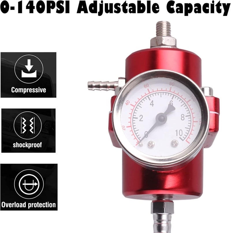 BARTOO Universal Adjustable Fuel Pressure Regulator Kit, Aluminum Fuel Regulator,Adjustable Gas Oil Injection Pressure Regulator with 0-140 PSI Gauge -Red - Image 3